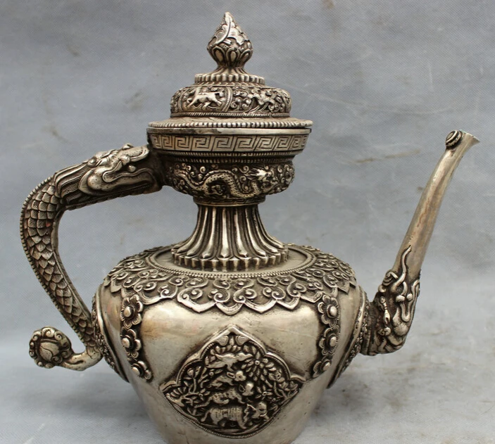 

USPS to USA S1550 11" Tibet Silver Buddhism Animals Dragon Head Statue Buddhist Wine Pot Teapot B0401
