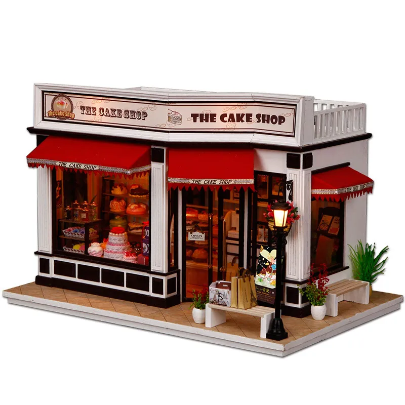 Miniature European Cake Shop Craft Model Wood Dollhouse Furniture Light