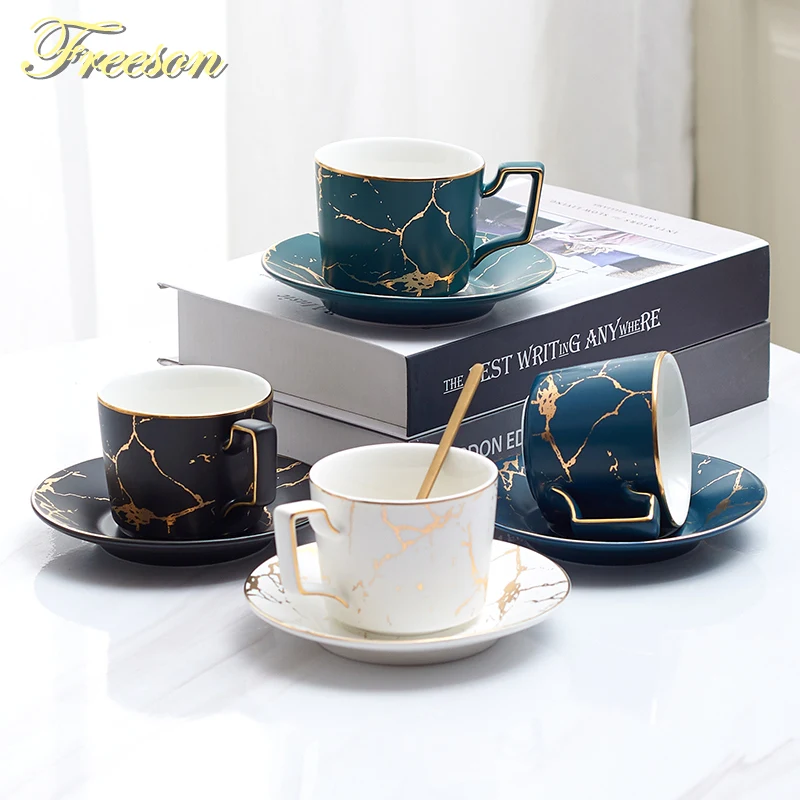 Best Marble Ceramic Coffee Cup Saucer Spoon Set 200ml Nordic Tea Cup Matt Porcelain Tea Set Advanced Teacup Cafe Espresso Cup
