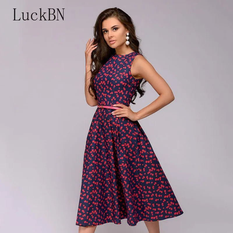

2019 Spring Summer Women Elegant A-line Dress Vintage Printing Party Dresses High Waist O Neck Sleeveless Women Dress (No Belts)