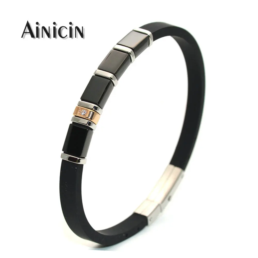 

Fashion Men's Black Rubber Bracelets 6mm Wide Adjustable Bangles Stainless Steel Zircon CZ Setting Women Gift Jewelry