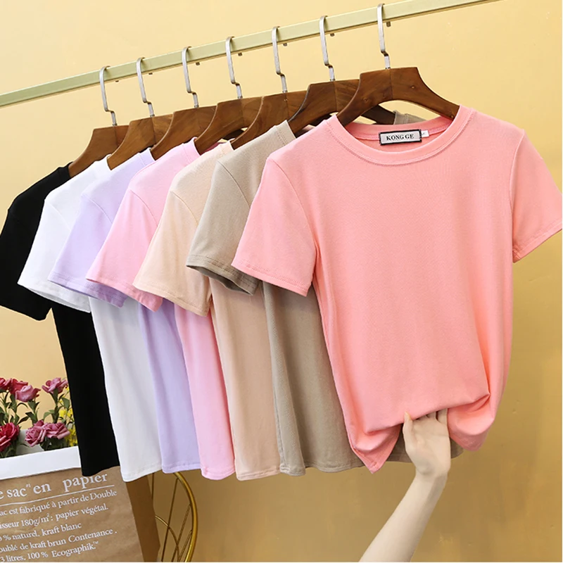 

AOSSVIAO Summer 2019 7 Color Slim Plain T Shirt Cotton Elastic Basic Tshirt Short Sleeve Tops Vogue Korean style Tee Shirt Femme