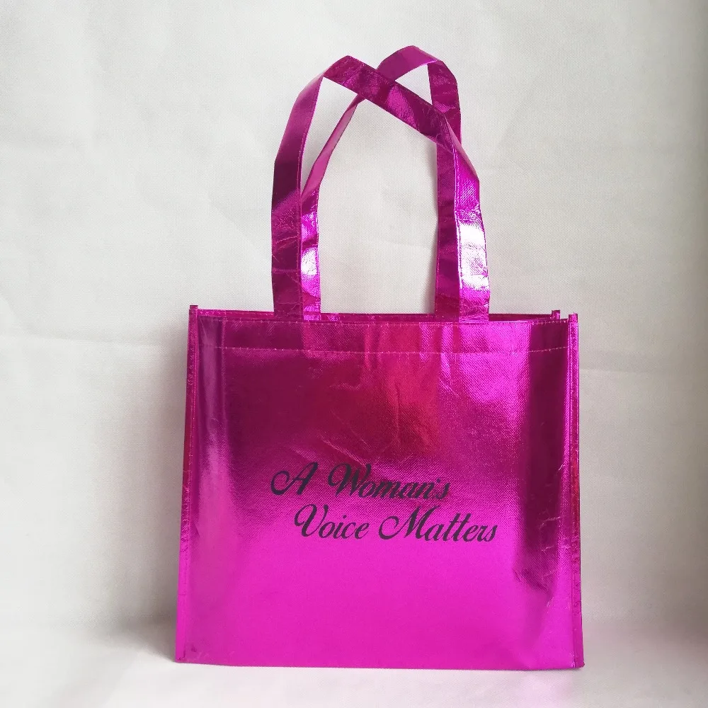 

500pcs/lot Reusable Rose Metallic PP Packaging Shopping Tote Bags with Your Custom Brand Logo Printed for Trade Show and Advs