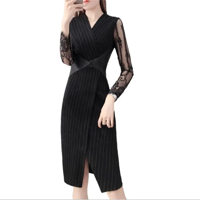 Baratos Mujer Oficina señora negro Patchwork encaje 2019 rayas imperio manga larga con encaje hasta la rodilla vestido Sexy con cuello en V mujeres Trabajo DressCQ1827