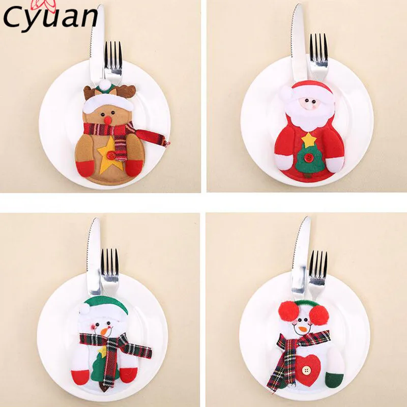

Cyuan 4Pcs Knife Fork Skirt Pants Dinner Table Cutlery Set Cover Cloth Bag Christmas Ornaments New Year Navidad Gift Xmas Decor