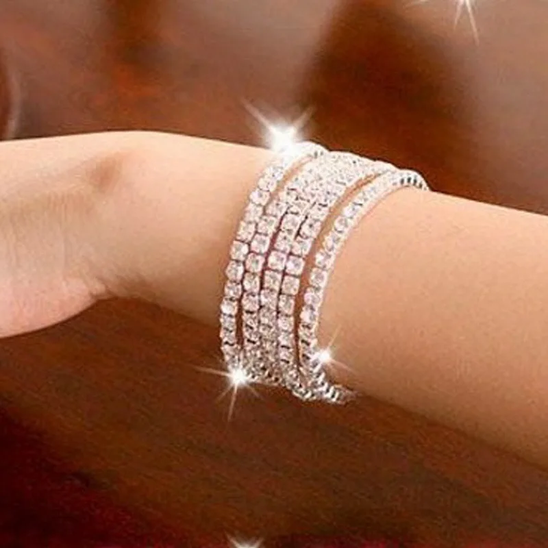 

fashion 1-10 row Shiny Rhinestone Elastic Lady Bangle Stretch Crystal Bangle Bracelet Fit Party Prom Wedding Bride Jewelry Gift