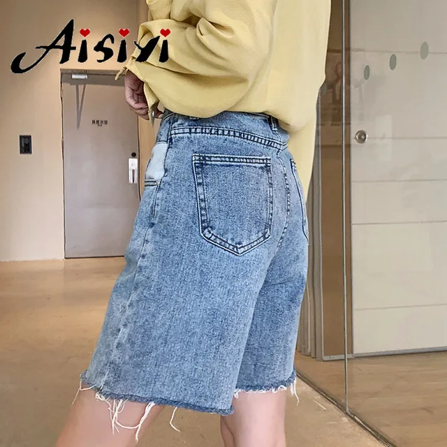Aisiyi High Waist Tassel Denim Shorts Women Wide Leg Knee Length Jeans