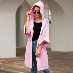 Длинный кардиган женский Осень 2019 модный розовый с капюшоном длинный рукав вязаный кардиган свитер пальто Sueter Mujer Invierno 2019