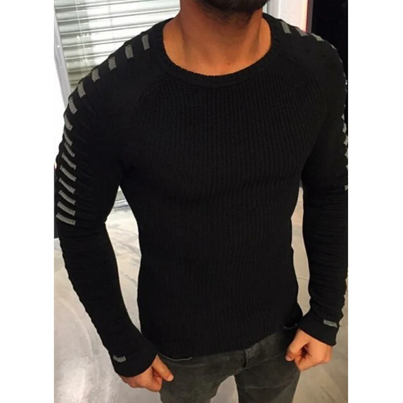 Moomphya, вязаный полосатый плиссированный мужской свитер с рукавом, пуловеры, лоскутный пуловер, мужской Эластичный свитер для мужчин - Цвет: Черный