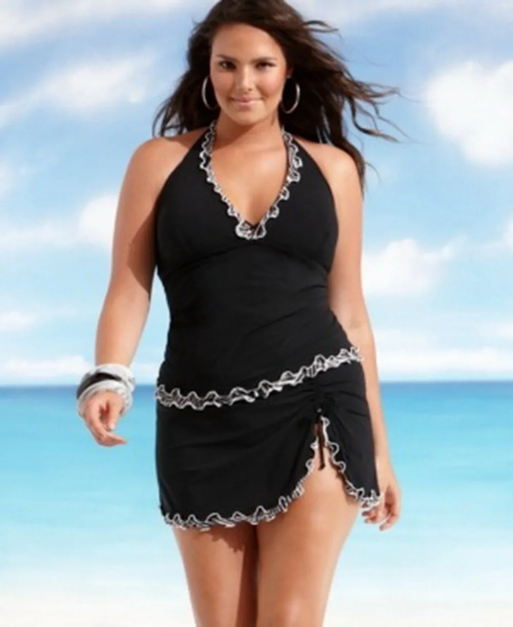 

Plus Size One Piece Black vintage Swimsuit Deep V neck Women Beachwear elastic patchwork Beach Dress Mini L/XL/2XL/3XL