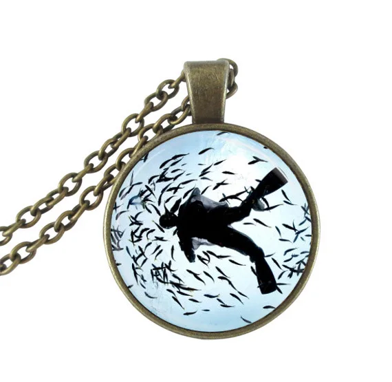 Scuba diver necklace snorkeling swimming nautical ocean art glass