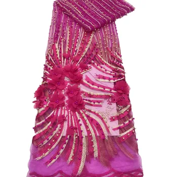 

Pink Color African Lace Fabric 2018 Embroidered Nigerian Beaded Laces Fabric High Quality French Tulle Lace Fabric HX866-2