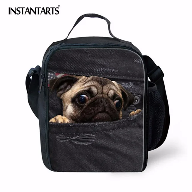 INSTANTARTS Kids Lunch Food Picnic Bag Outdoor Hiking Camping Lunch Box Women Men Denim Dog Print Cooler Thermal Tote Handbags