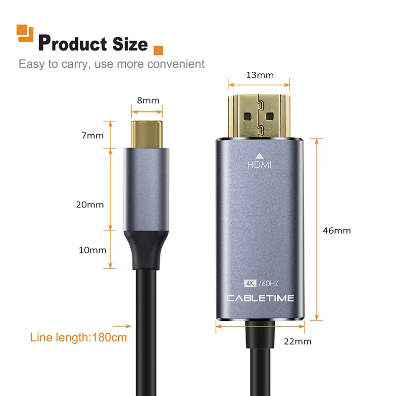 CABLETIME USB C to HDMI Cable Type C HDMI Adapter M/M 4K 60Hz Converter 1.8m Cable for MacBook Samsung Galaxy S8+ C028 CABLETIME USB C to HDMI Cable Type C HDMI Adapter M/M 4K 60Hz Converter 1.8m Cable for MacBook Samsung Galaxy S8+ C028