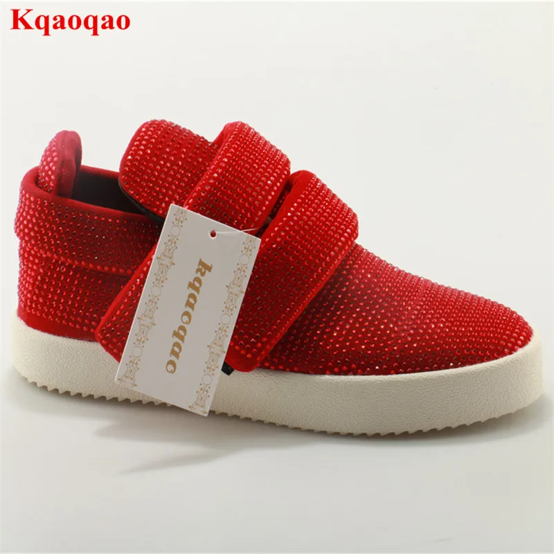 

Red Fashion Crystal Embellished Round Toe Women Winter Boots Luxury Brand Hook&Loop Concise Damskie Buty Flat Casual Shoes