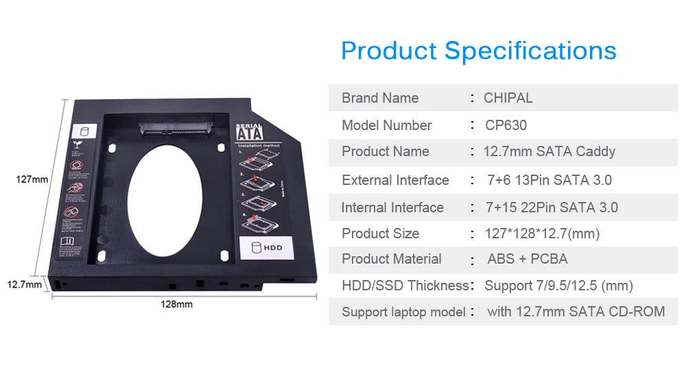 CHIPAL Универсальный SATA 3,0 2nd HDD Caddy 12,7 мм для 2," 2 ТБ SSD HD Жесткий диск чехол Корпус для ноутбука CD DVD rom Оптический отсек