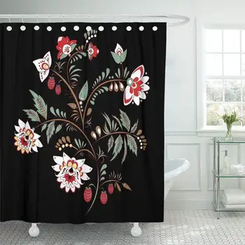 

Shower Curtain Abstract Hand Draw Flower and Wave Doodle Bouquet Oriental Arabic Russia Bathroom Curtains