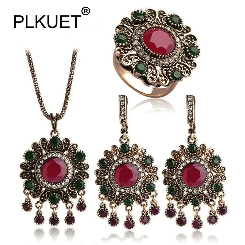 

PLKUET Vintage Women Jewelry Sets Banquet Accessories Necklace Earrings Ring Set Green Acrylic Pendants Turkish Long Pendientes