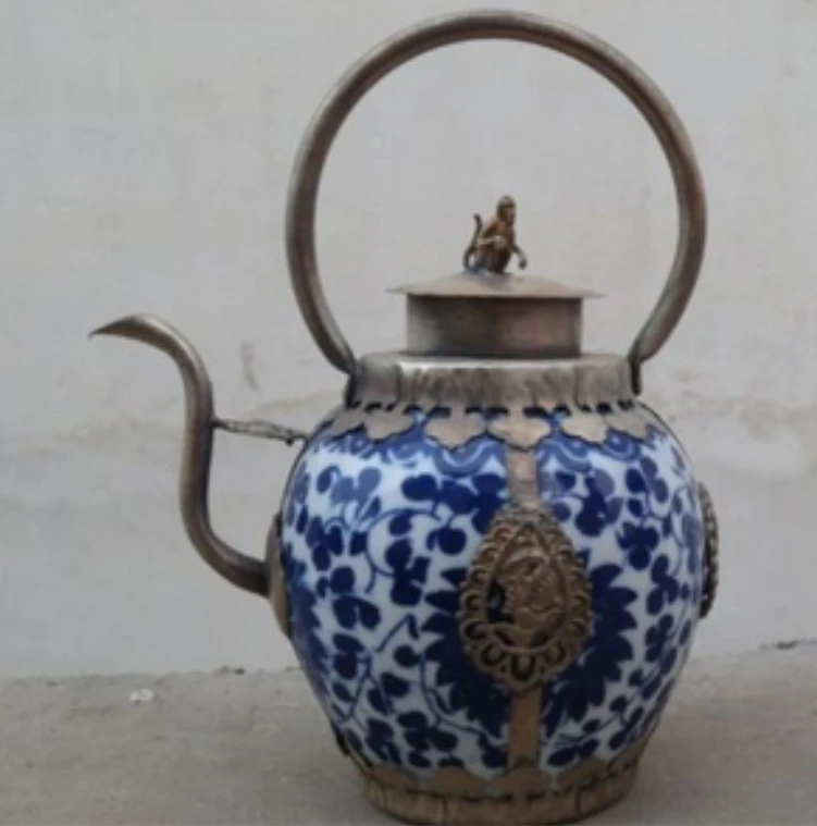 

Chinese blue and white ceramic and white copper flagon teapot fast shipping