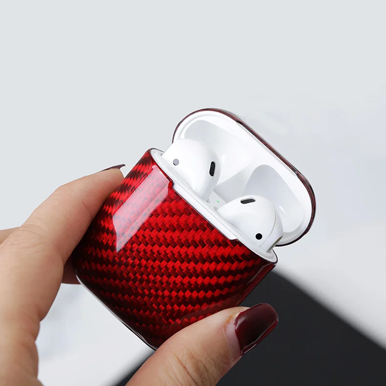 Чехол из настоящего углеродного волокна для Apple AirPods, роскошный тонкий светильник, защитный чехол из углеродного волокна для наушников AirPods, противоударный чехол - Color: Glossy Red