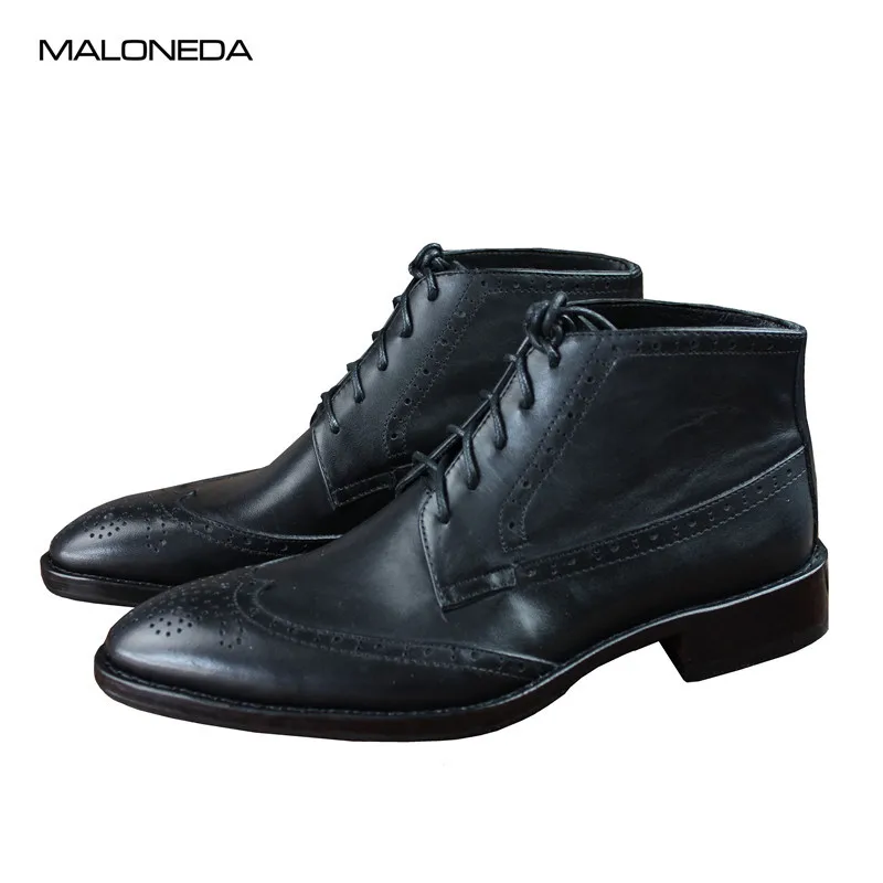 

MALONEDA Brand Custome Made Men's Brogue Pattern Black Ankle Boots Genuine Leather Casual Short Boots with Goodyear Welted