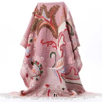 

Handmade Embroidery Shawls Scarf Wool Tassels Wrap Pashmin Women Pink Winter Warm Mantilla Echarpes Large Size Cape 70x180cm