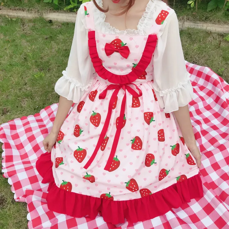 

Summer JSK sweet Strawberry Slip dress Pink Lolita dess pink ruffled bubble Cherry sling dress with blouse