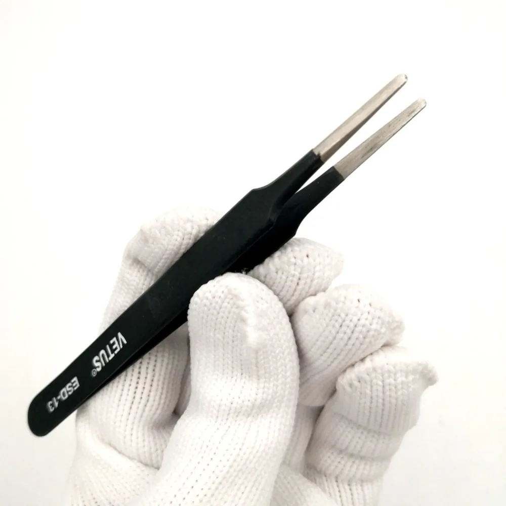 VETUS ESD Series Electro-Static Discharge Stainless Steel Tweezers Anti-static Antimagnetic Repair Process Components 1 Pcs