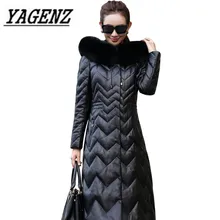 Зимняя куртка из лисьего меха, женское пуховое пальто с капюшоном, высокое качество, черное тонкое длинное пальто, большой размер, зимняя теплая кожаная куртка