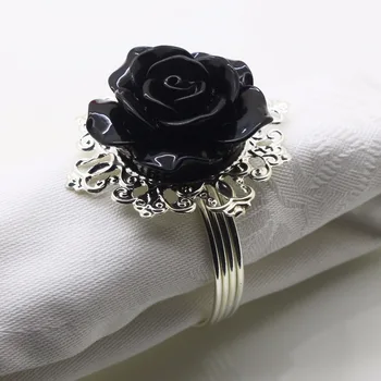 

6 Pcs/ 10 Pcs Black Rose Napkin Ring, Napkin Buckle For Banquet, Wedding, Etc., Table Decoration, Silver