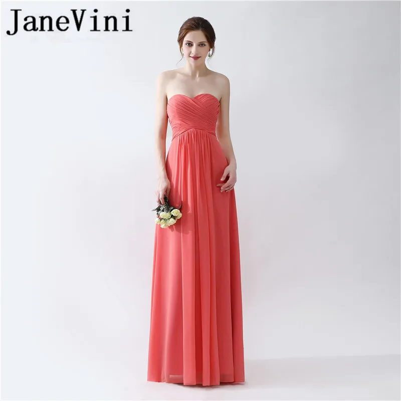 

JaneVini Summer Simple Chiffon Long Bridesmaid Dresses A Line Sweetheart Pleat Sleeveless Floor Length Beach Wedding Guest Dress