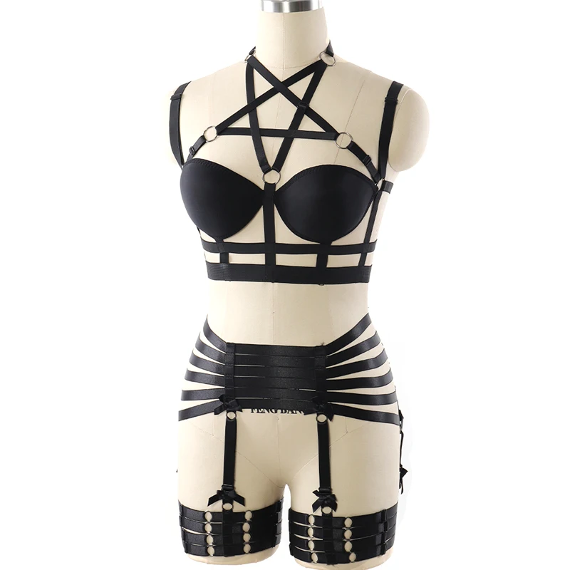 PENTAGRAM BODY HARNESS BDSM Bondage Garter Belt Set Black Elastic adjust Strap Lingerie HarajukuGoth Fetish Halloween dance Wear PENTAGRAM BODY HARNESS BDSM Bondage Garter Belt Set Black Elastic adjust Strap Lingerie HarajukuGoth Fetish Halloween dance Wear