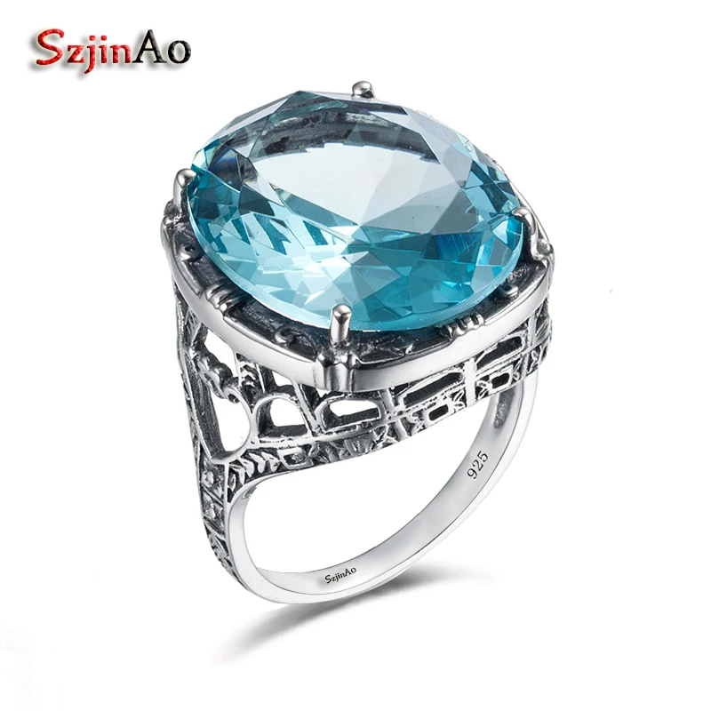 

Szjinao New Trend European Women 925 Sterling Silver Ring For Women Vintage Style Big Aquamarine Antique Ring anillos de plata