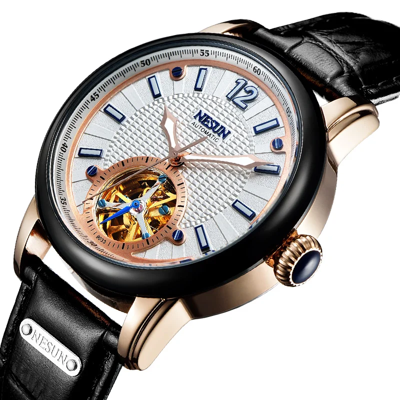 

Switzerland Luxury Brand Nesun Skeleton Tourbillon Watch Men Automatic Self-Wind Men's Watches Genuine Leather clock N9033-5