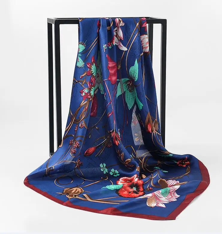 Модный Роскошный брендовый шарф, шелк, шаль, платок, квадратные шарфы, хиджаб, палантины 90x90 см - Цвет: Тёмно-синий