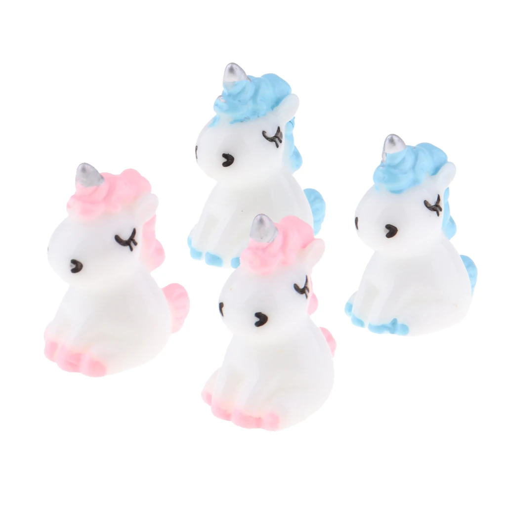  4 Packed Mini Resin Unicorn Statues Miniature Fairy Garden Dollhouse Ornaments Decoration Mini Landscape  Home Bedroom Decor