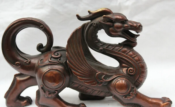 

JP S0524 8" Lucky Chinese Home Feng Shui Pure Bronze Fly Dragon Beast Statue Figures