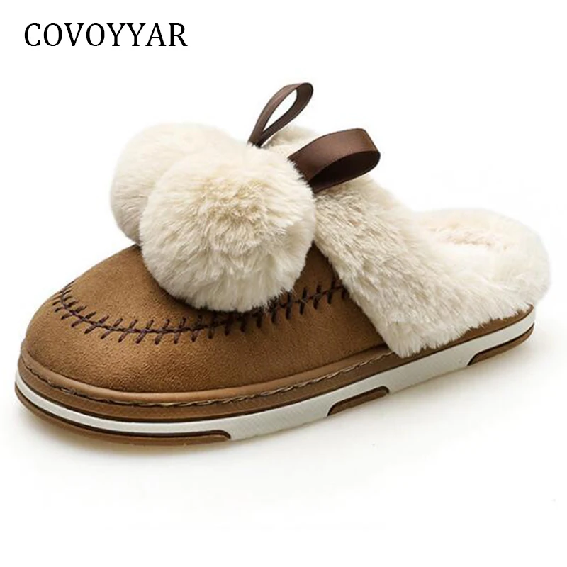 

COVOYYAR Soft Pom Pom Women Slippers 2019 Lovely Furry Ball Home Winter Shoes Women Non-slip Flat Indoor Slides Shoes WSL599