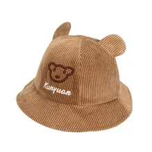 Вельветовая хлопковая детская шапка с медвежонком, детская панамка с ушками, осенняя Солнечная шапочка для девочек, детская Рыбацкая шляпа для мальчиков, От 2 до 4 лет