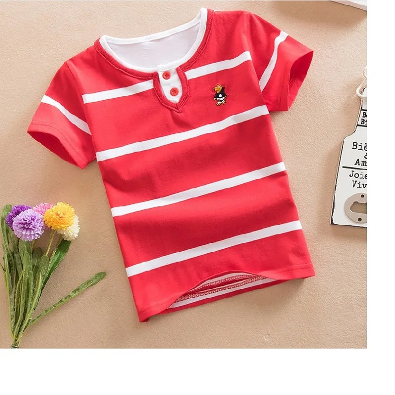 Высококачественная разноцветная Детская рубашка-поло для 3-12 лет, рубашка с короткими рукавами, хлопковая Футболка с круглым вырезом в полоску для мальчиков