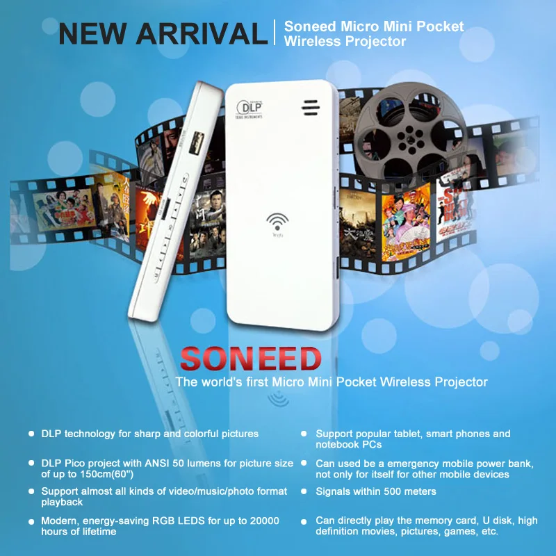 

Hot sale! Hot sale  GM60 W500 Mini Wifi Portable Projector 50Ansi Lumens Multimedia Home Theater Proyector POWER BANK US Plug