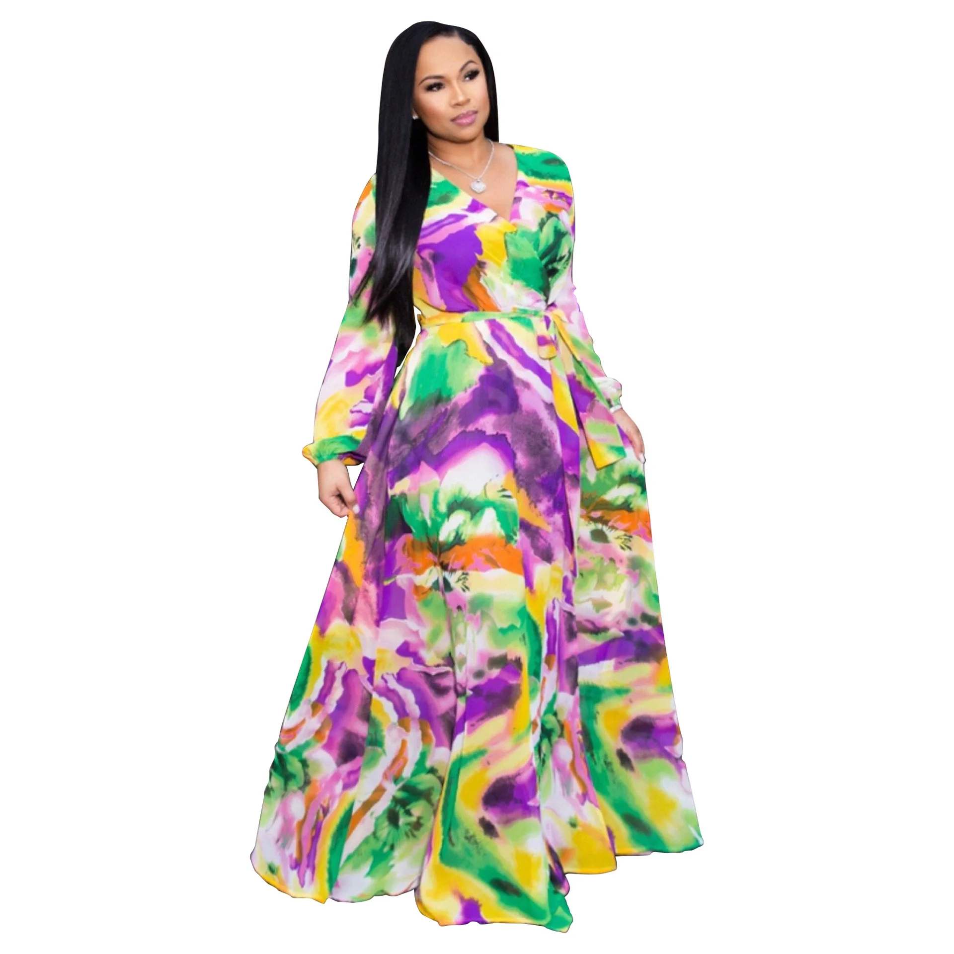 HAOOHU, женское Шифоновое Платье макси с принтом, с поясом, богемное, Пляжное, сексуальное, v-образный вырез, длинный рукав, платье, большой размер, Женская S-3XL-5XL - Цвет: D2207