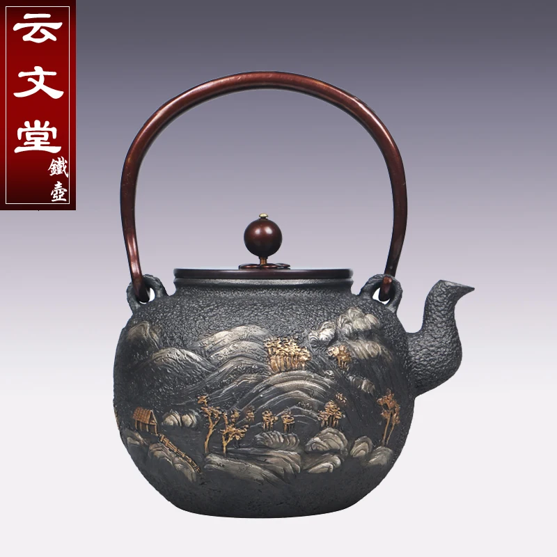 1.4L Ancient Chinese Paintings Uncoated Cast Iron Teapot Kung Fu Tea Set Boil Kettle Special