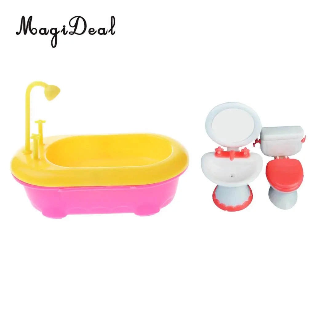 1Set Dollhouse Miniature Bathroom Set Bathtub Toilet Basin for Dolls House Accessory Kids Pretend Play Toys