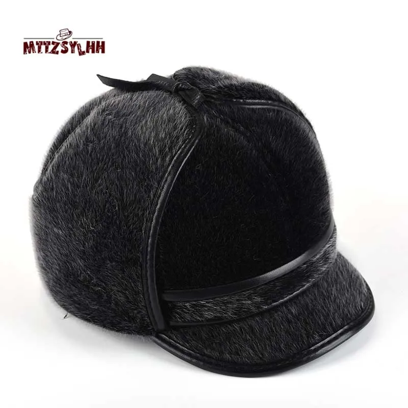 

MTTZSYLHH winter thick flat top aviator hat high quality snow cap with long earmuffs artificial leather outdoor warm men free sh