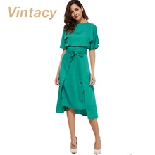 Vintacy 2017 green women dress off shoulder belt casual loose summer dress spring hollow out pleated party women dresses