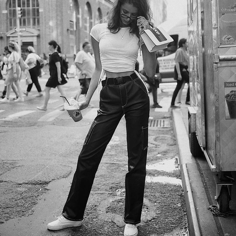 InstaHot Loose Wide Leg Pants Faux Leather PU Black High Waist Straight Pants Women Pockets Autumn Streetwear Casual Trousers InstaHot Loose Wide Leg Pants Faux Leather PU Black High Waist Straight Pants Women Pockets Autumn Streetwear Casual Trousers