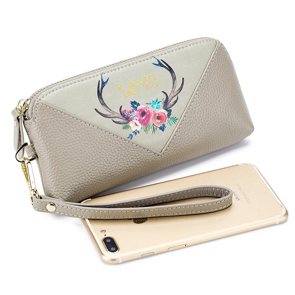 

DANJUE Genuine Leather Long Wallets Purse Sweet Printing Clutch Bag 100% Cowskin Phone Bag Wrist Money Bag Card Holder