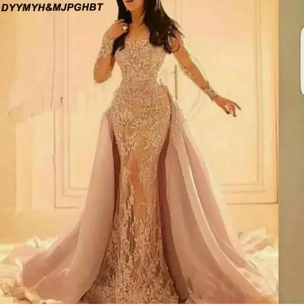 2016 Long Sleeved Lace Evening Dresses with Organza Over Skirt Mermaid Illusion Slit Skirt and Sheer Full Sleeves_