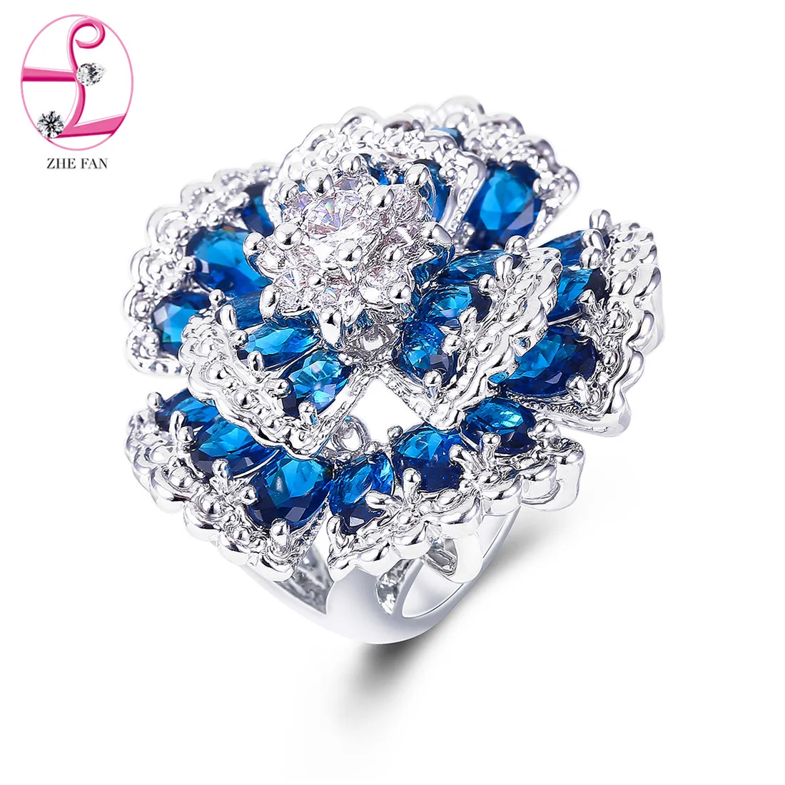 ZHE FAN Flower Cocktail Party Rings Blue Green Multi Pave AAA Cubic